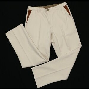 Orvis Zambezi Twill Pants Mens 36 x 33 Leather Trim Safari Cotton Trousers Cream